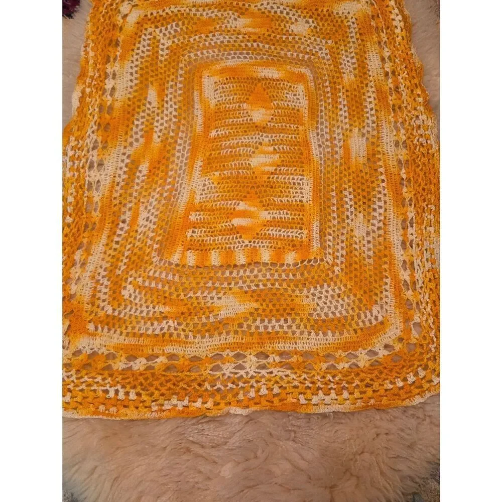 Vtg Unbranded Handmade YellowOrangeWhite CottonCrocheted Rectangle Doily 26